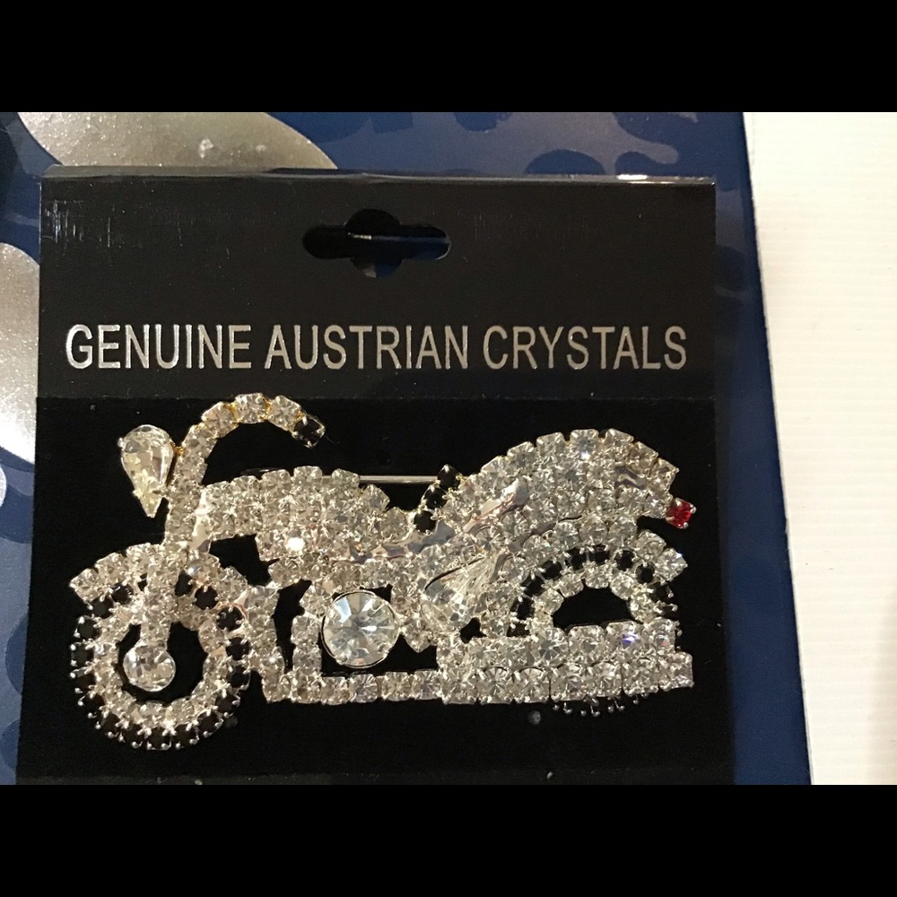Large motorcycle pin rhinestone crystal clear silvertone